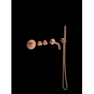 Badset inbouw deluxe met box thermostaat, muurbevestiging / doucheslang, staafhanddouche rond Brons met geribbeld knop