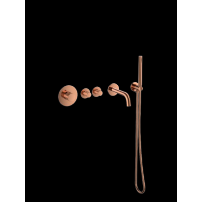 Badset inbouw deluxe met box thermostaat, muurbevestiging / doucheslang, staafhanddouche rond Brons met geribbeld knop