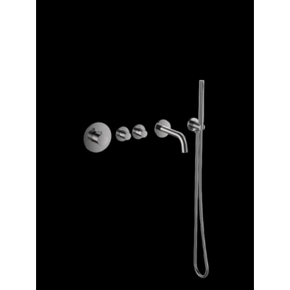 Badset inbouw deluxe met box thermostaat, muurbevestiging / doucheslang, staafhanddouche rond Gun Metal met geribbeld knop
