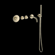 Badset inbouw deluxe met box thermostaat, muurbevestiging / doucheslang, staafhanddouche rond Goud Geborsteld met geribbeld knop