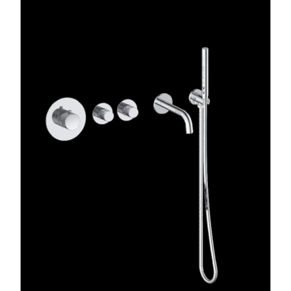 Badset inbouw deluxe met box thermostaat, muurbevestiging / doucheslang, staafhanddouche rond Chroom met geribbeld knop