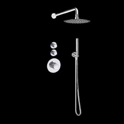 Doucheset inbouw deluxe met box thermostaat, muurbevestiging / douchekop 25 cm rond Chroom met geribbeld knop