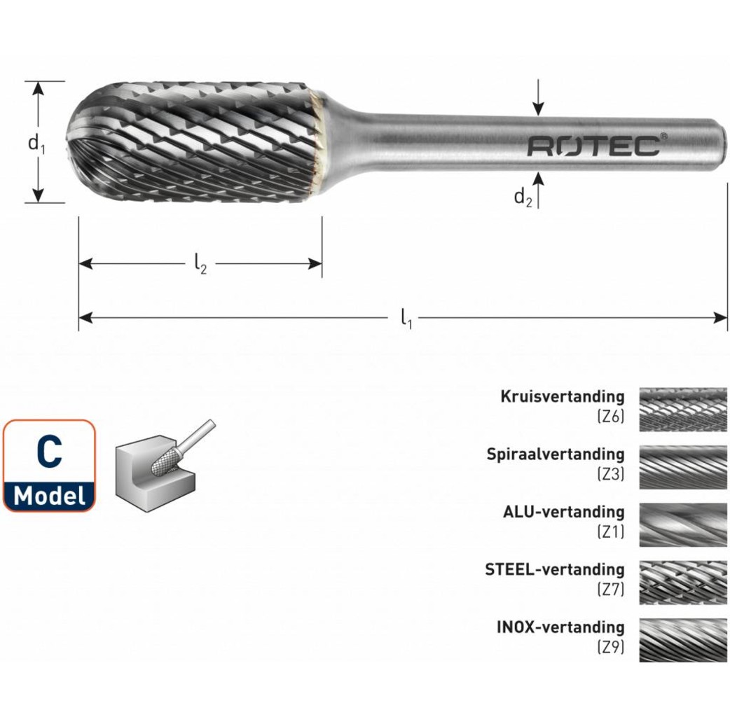 Rotec Rotec HM Stiftfrees cilindervorm ronde kop model C (WRC)