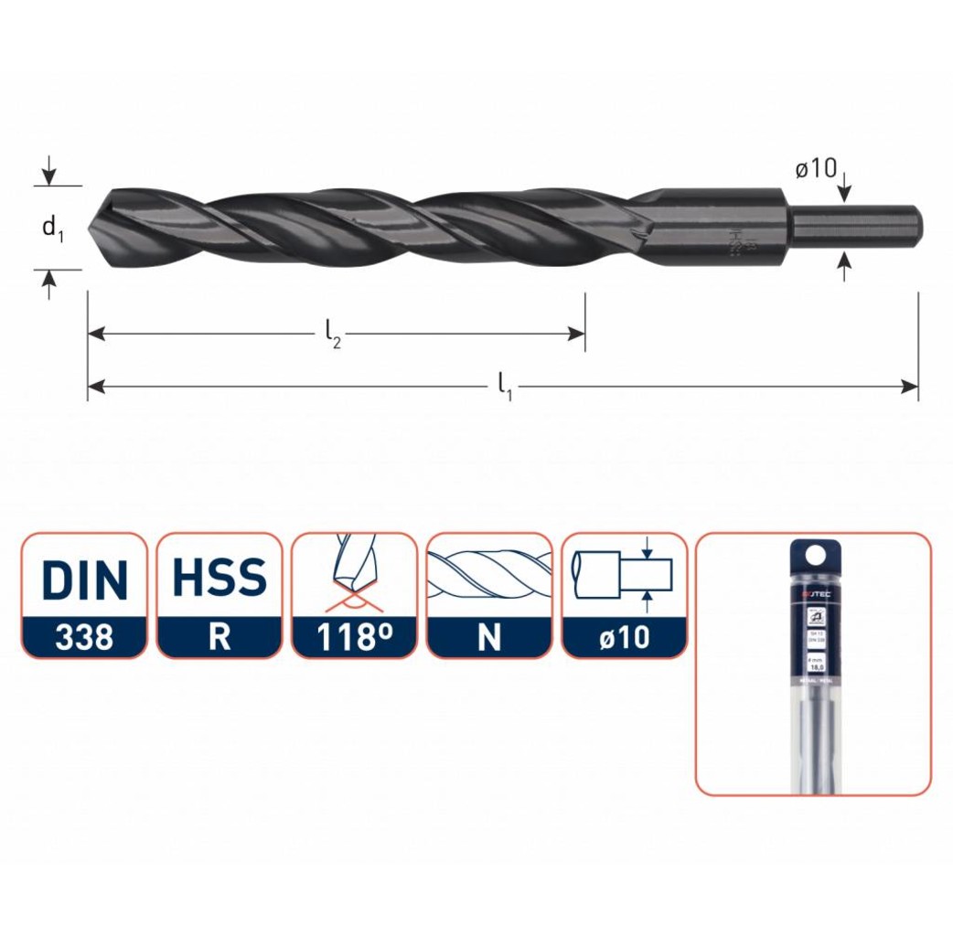 Rotec Rotec Metaalboor - spiraalboor HSS-R ø10 mm afgedraaid silver-line - Ø13,5 t/m Ø20 mm