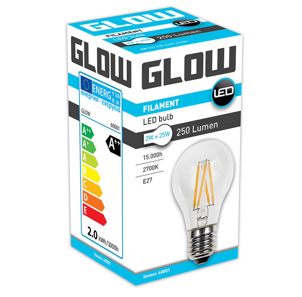 Glow Glow LED Filament normaal - 2W-25W - E27 - 2700K A60 250LM - niet dimbaar