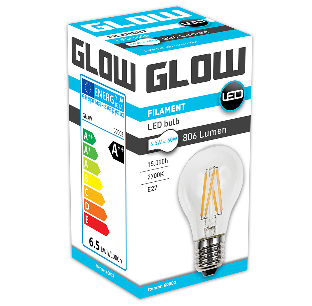 Glow Glow LED Filament normaal - 6.5W-60W - E27 - 2700K A60 806LM - niet dimbaar