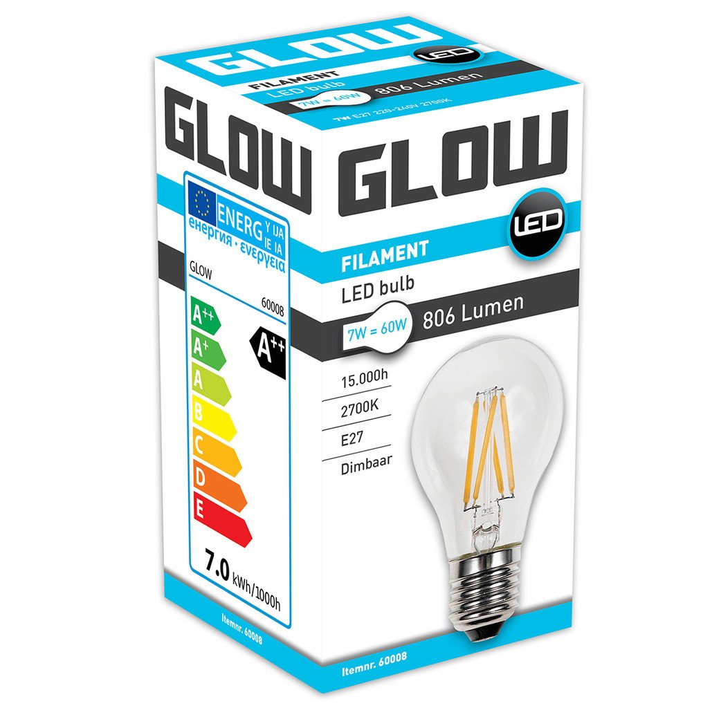 Glow Glow LED Filament normaal - 7W-60W - E27 - 2700K A60 806LM - dimbaar