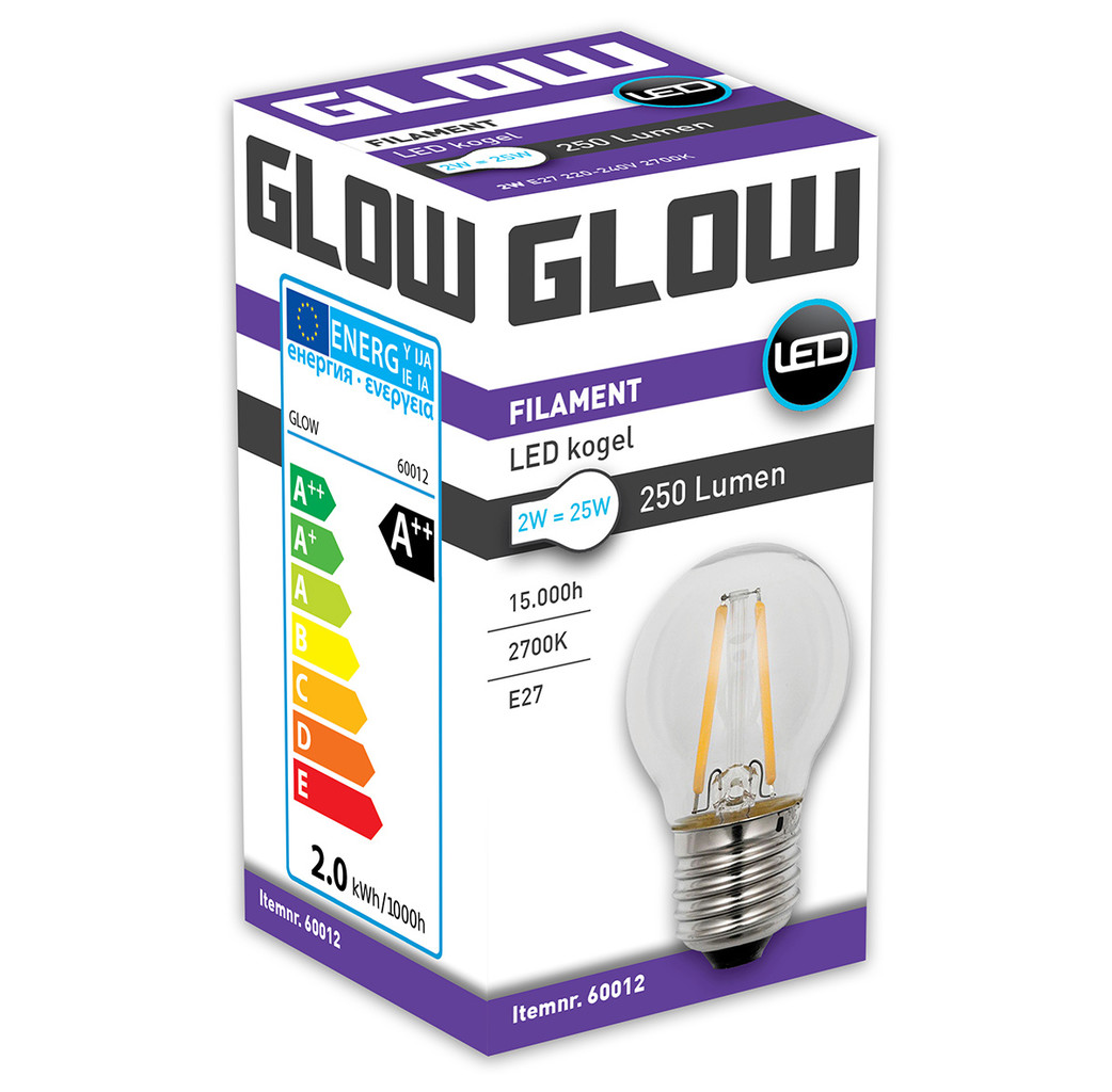 Glow Glow LED Filament kogel - 2W-25W - E27 - 2700K G45 250LM - niet dimbaar