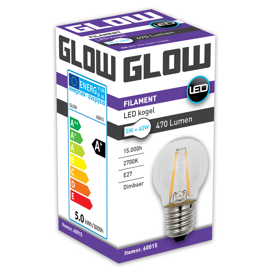 Glow Glow LED Filament kogel - 5W-40W - E27 - 2700K G45 470LM - dimbaar