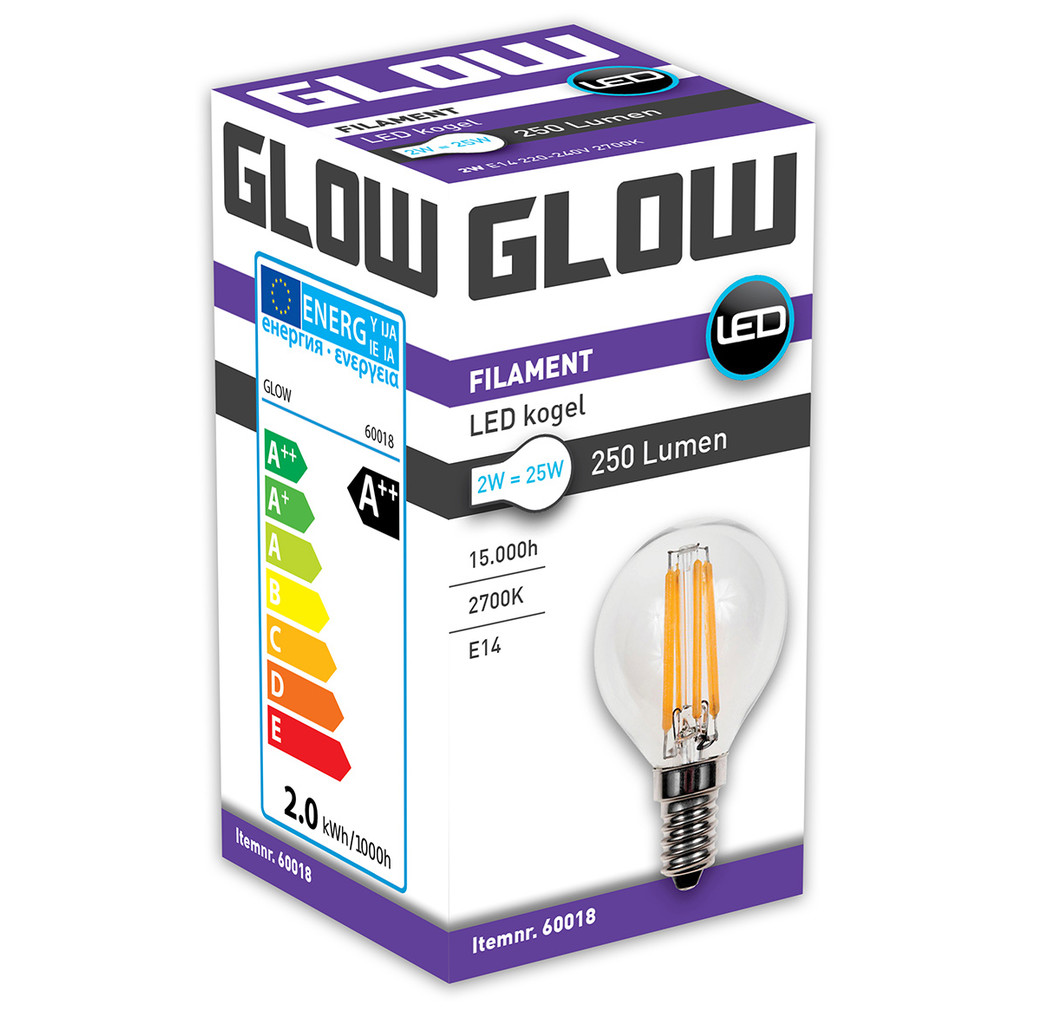 Glow Glow LED Filament kogel - 2W-25W - E14 - 2700K G45 250LM - niet dimbaar