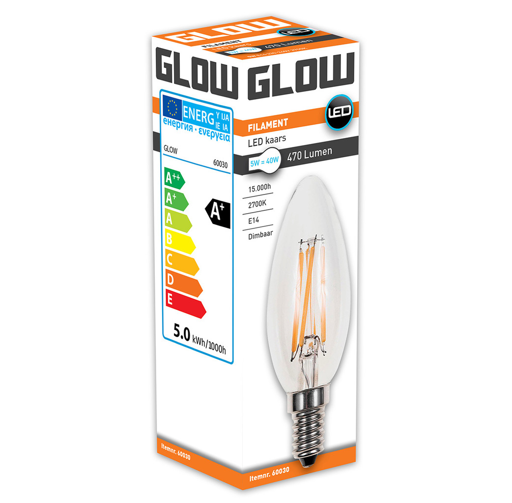 Glow Glow LED Filament kaars - 5W-40W - E14 - 2700K G35 470LM - dimbaar