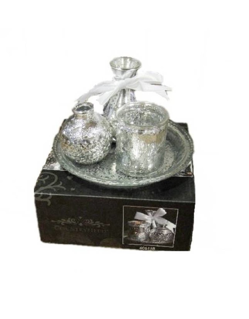 Plateau with Antique Look Silver Vases - Set 4-pieces