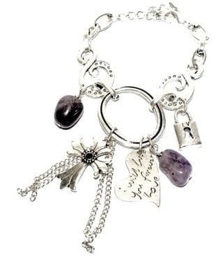 Silver metal bracelet with purple and silver charm beads