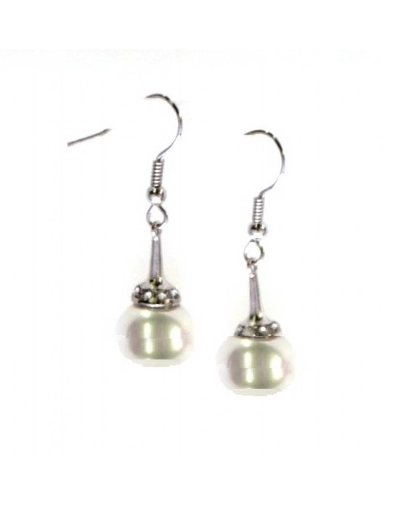 Zilverkleurige Oorhaken met Witte Parel en Strass