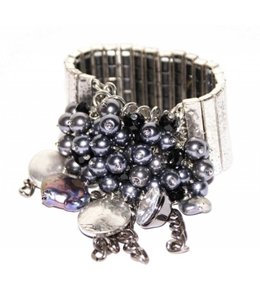Wide silver metal bracelet with gray and silver charm beads