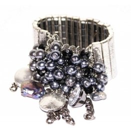 Wide silver metal bracelet with gray and silver charm beads