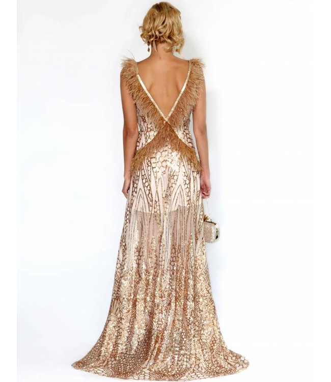 FASHION EMERGENCY Nude Sequin  Dress With Ostrich Feather