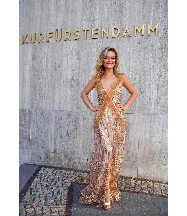 FASHION EMERGENCY Nude Sequin  Dress With Ostrich Feather