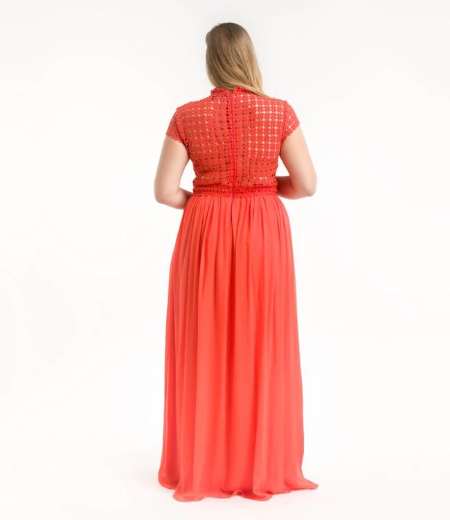 NISSA Coral silk dress with lace detail
