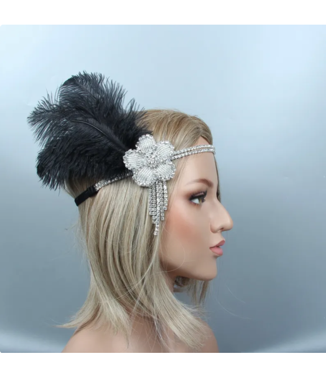 HAND MADE  Headpiece Feather Flapper -Silver-Black