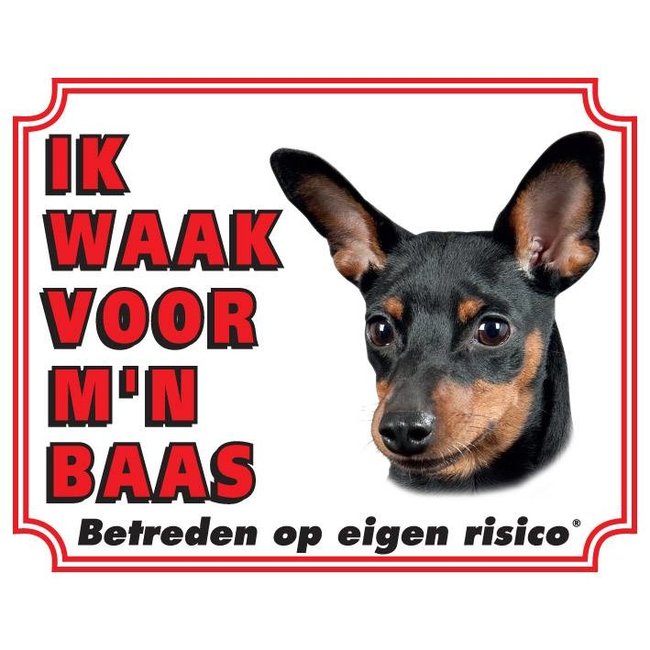 Stickerkoning Miniatuur Pinscher Waakbord - Ik waak voor Zwart