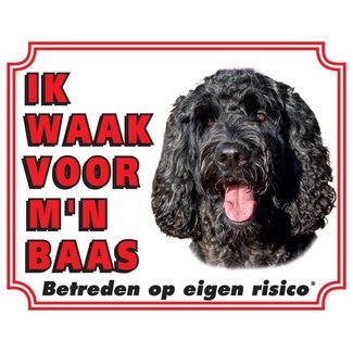 Stickerkoning Labradoodle Waakbord - Ik waak voor mijn baas Zwart