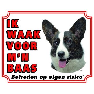 Stickerkoning Welsh Corgi Brindle Waakbord - Ik waak voor