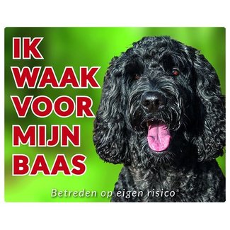 Stickerkoning Labradoodle Waakbord - Ik waak voor mijn baas zwart