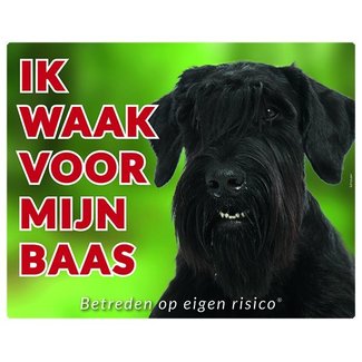 Stickerkoning Schnauzer Waakbord - Ik waak voor mijn baas Zwart