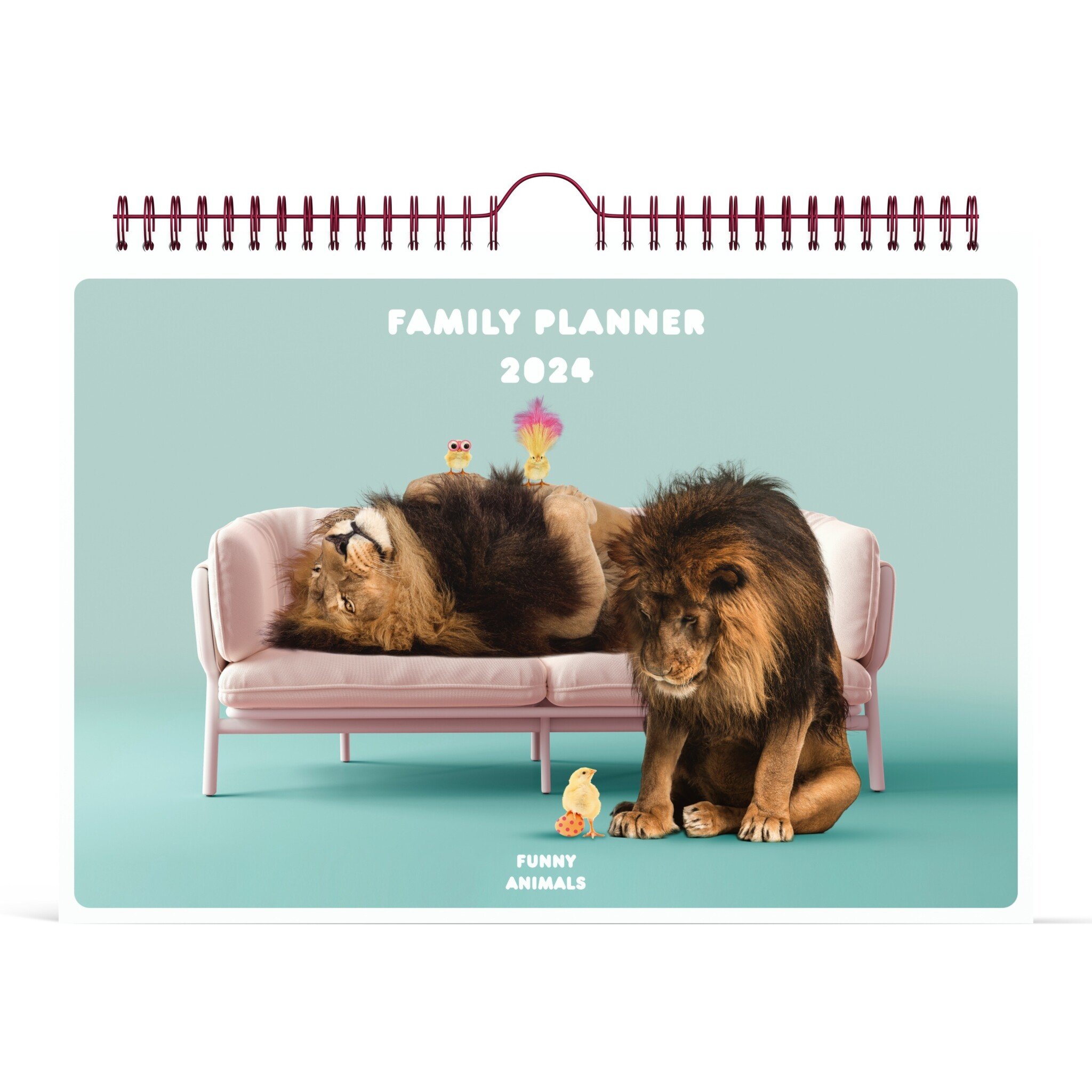 Lannoo Graphics - Family Calender - Familie kalender - 2024 - FUNNY ANIMALS - Lions - 4 Talig - 310 x 220 mm