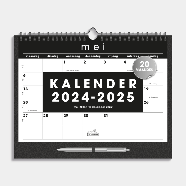 A4 Maandkalender 2024 - 2025 Zwart met pen