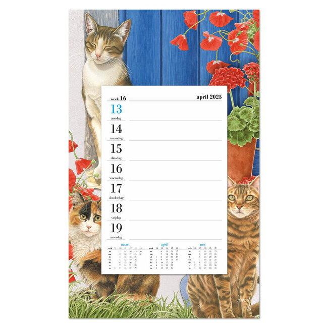 Calendario settimanale dei gatti di Francien su scudo 2025 con cornice per finestra