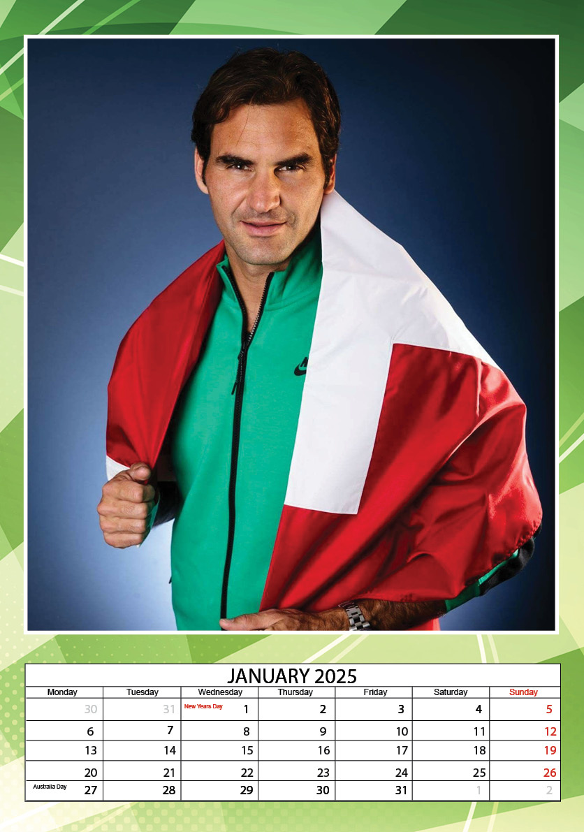 Buy Roger Federer Calendar 2025 A3? Order easily online Kalenderwinkel.nl
