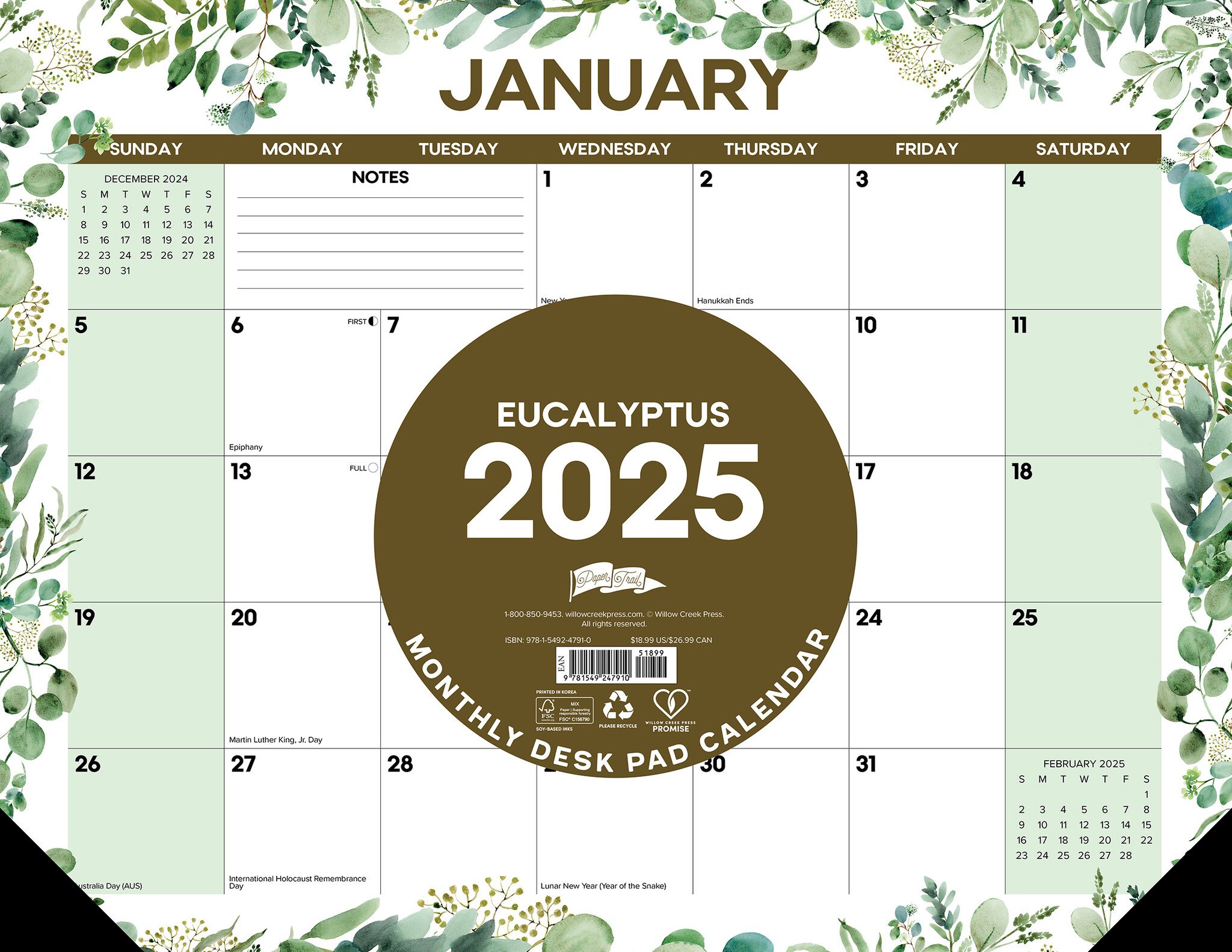 Eucalyptus 2025 22 X 17 Large Monthly Deskpad