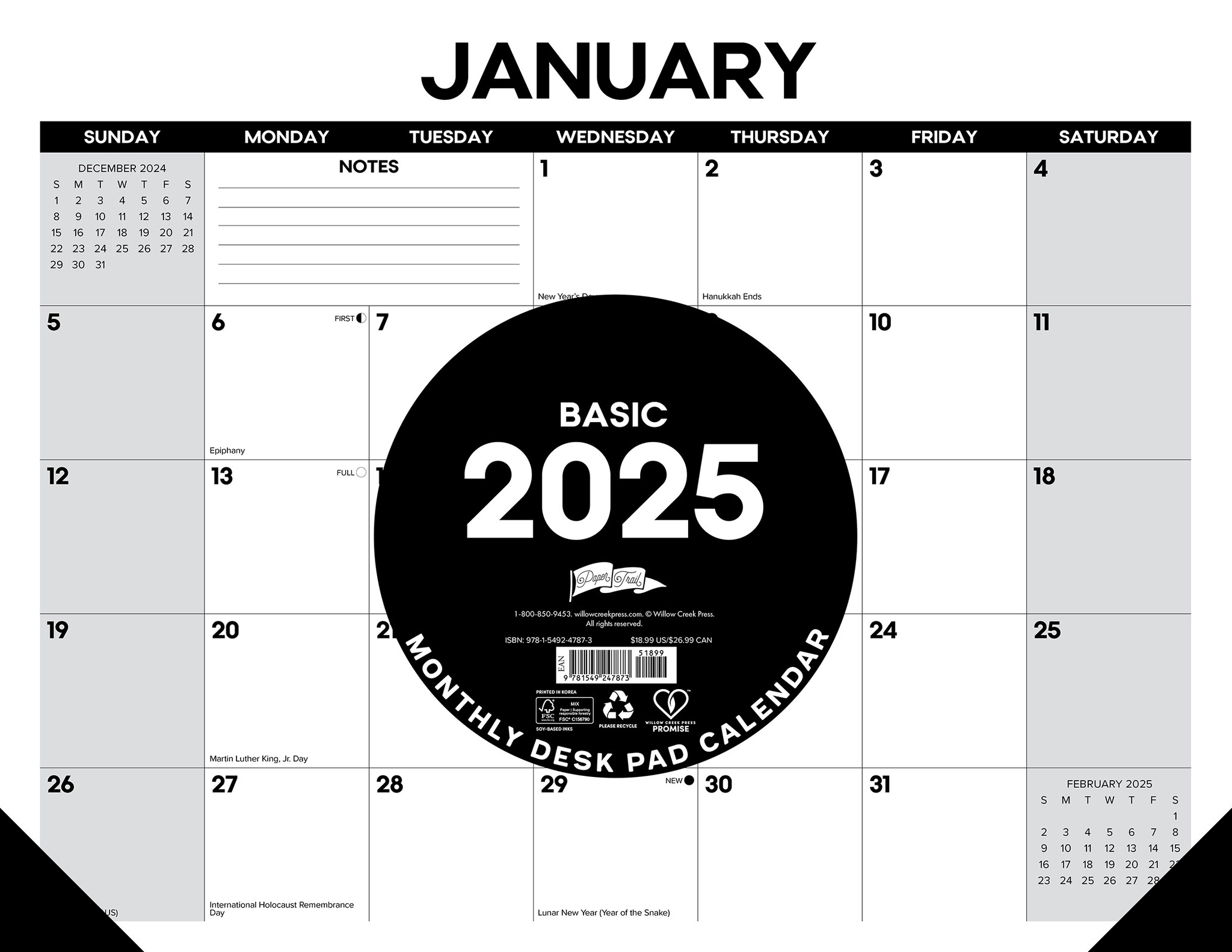 Basic 2025 22 X 17 Large Monthly Deskpad