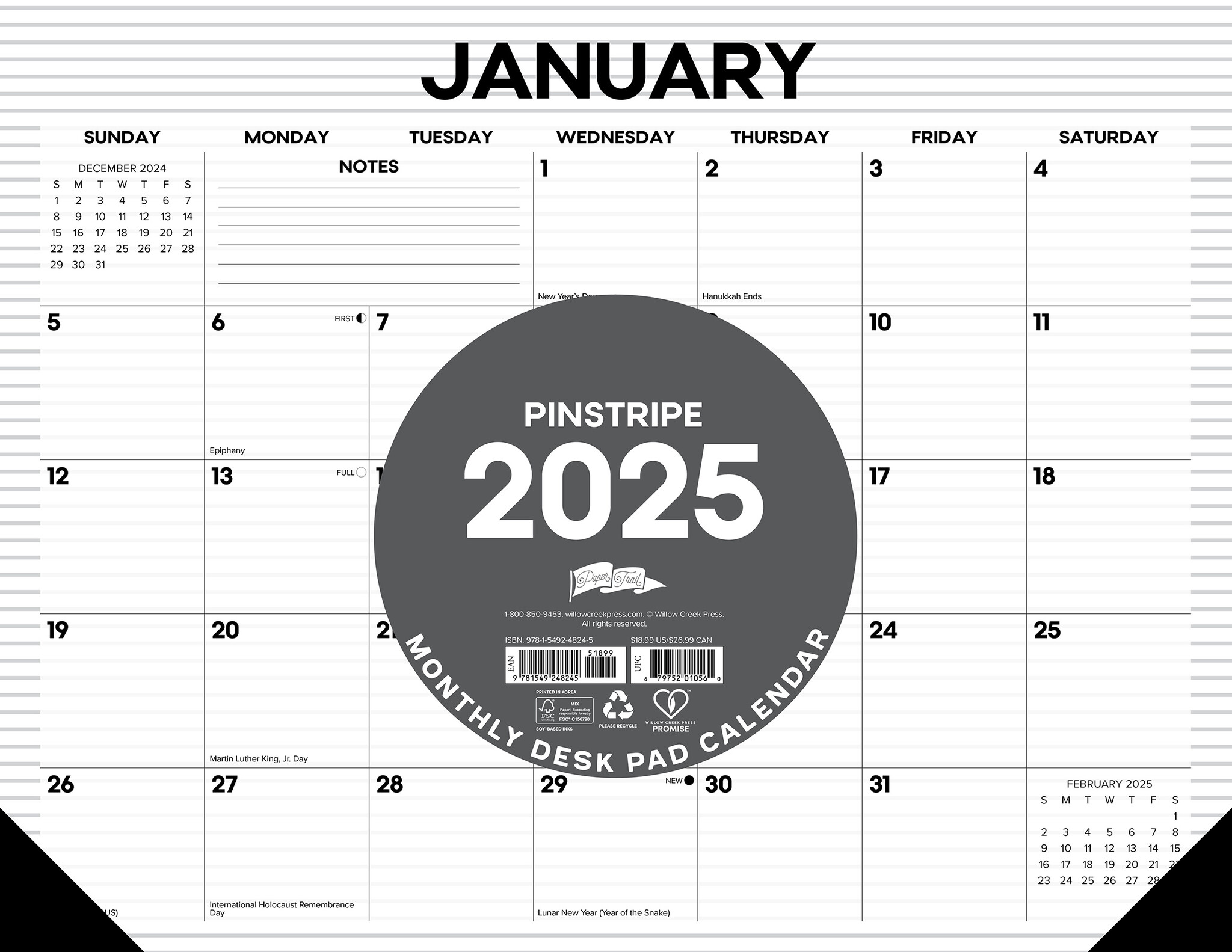 Pinstripe 2025 22 X 17 Large Monthly Deskpad
