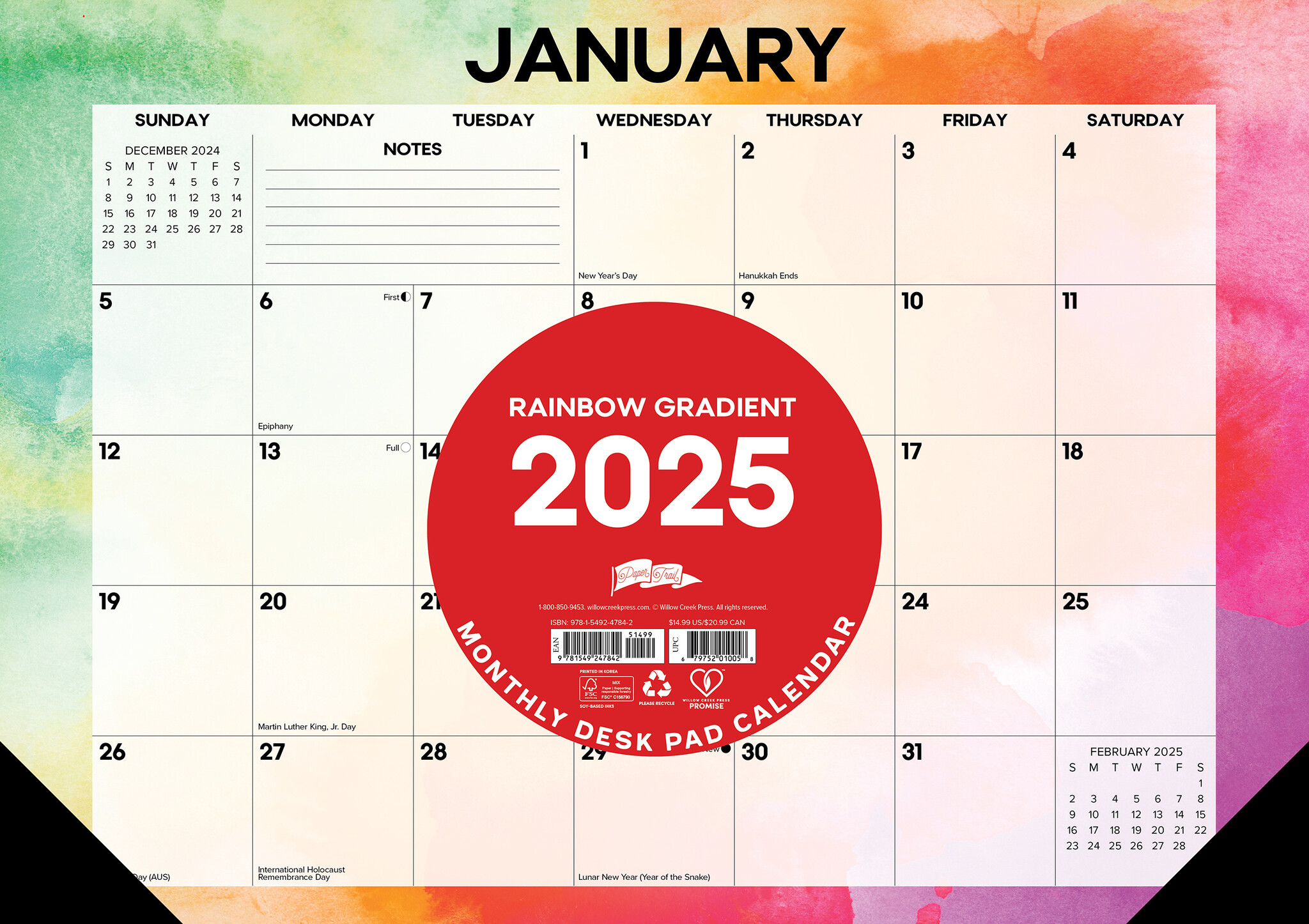 Regenboog Desk Pad Kalender 2025 Smal