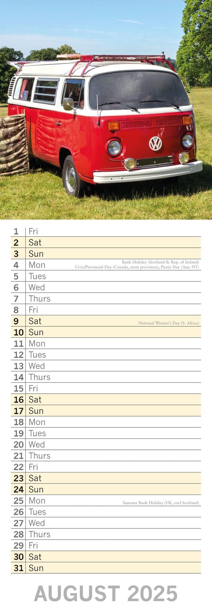 Volkswagen Camper Vans calendar 2025 Slimline pictures of the Volkswagen Camper Vans