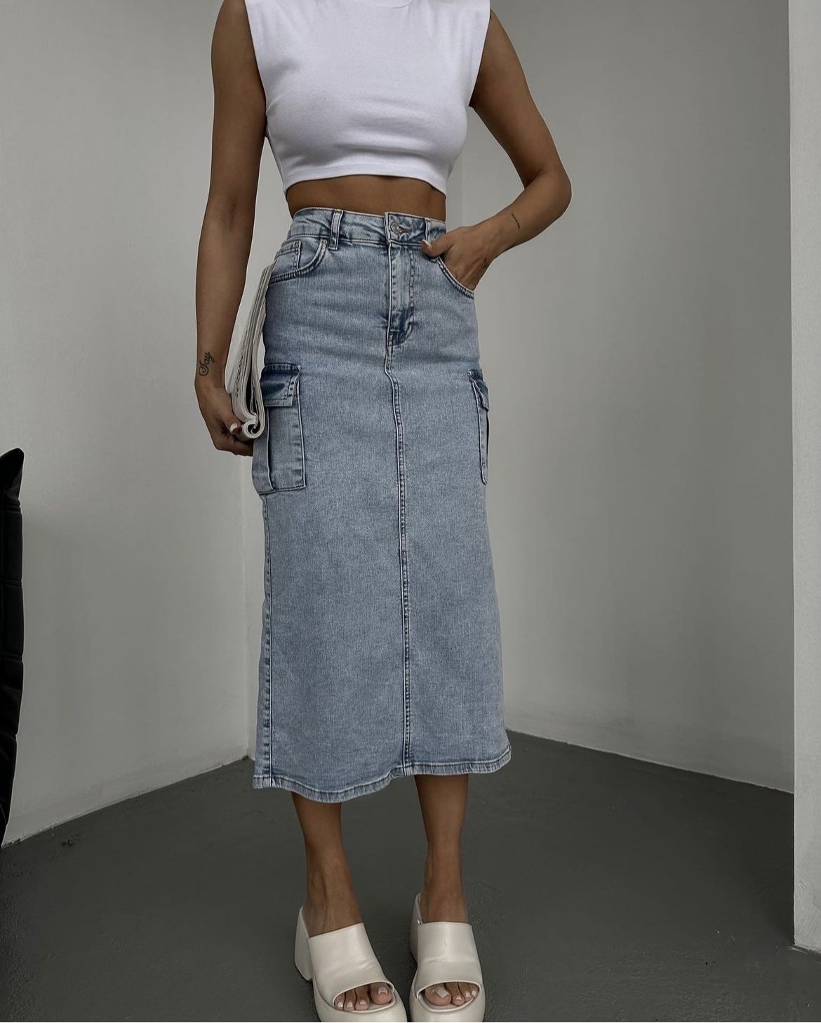 Penelope Bedachtzaam Vervagen Spijkerrok Denim Midi Pockets - Fashion-Click
