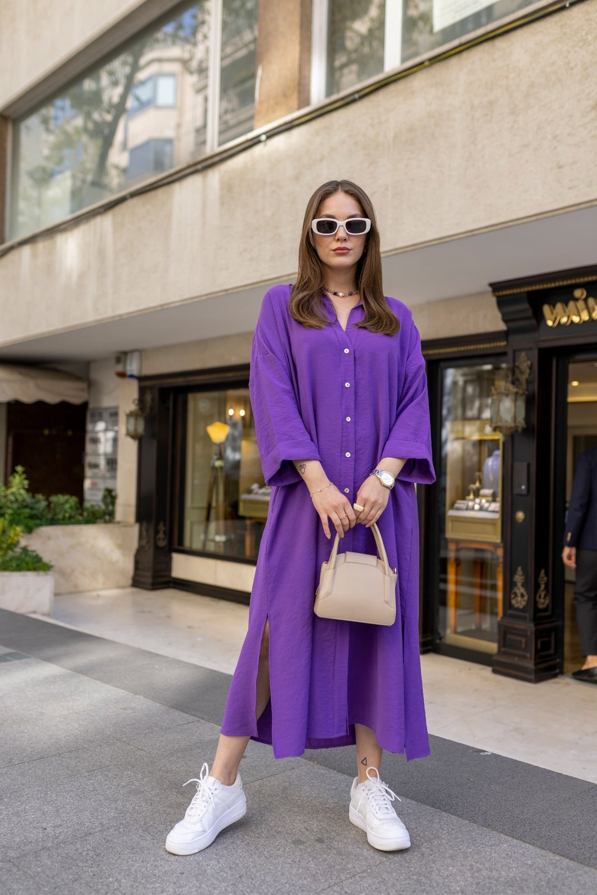 Lange Blouse Jurk Paars Fashion-Click