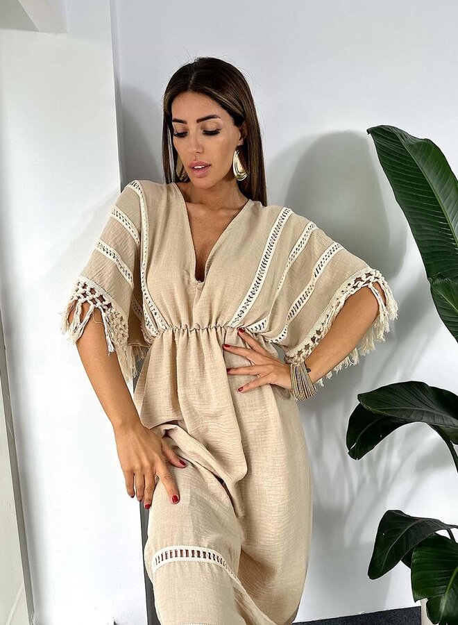 Maxi Jurk Boho Fringe Beige