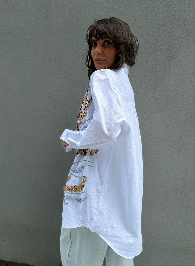 Oversized Blouse Met Pailetten Wit