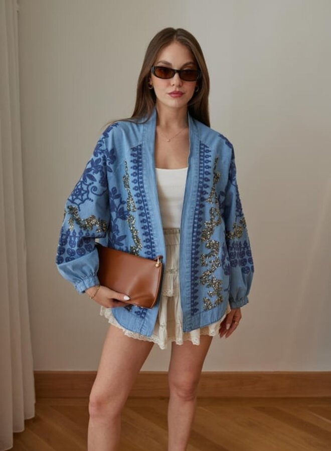 Denim Kimono  Borduursels Pailletten