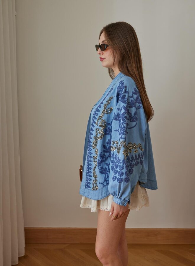 Denim Kimono  Borduursels Pailletten