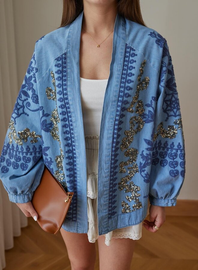 Denim Kimono  Borduursels Pailletten