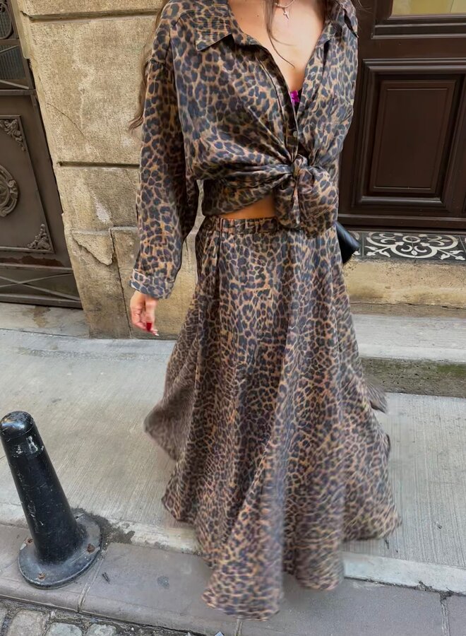 2 Delige Set Leopard Blouse Met Maxi Rok