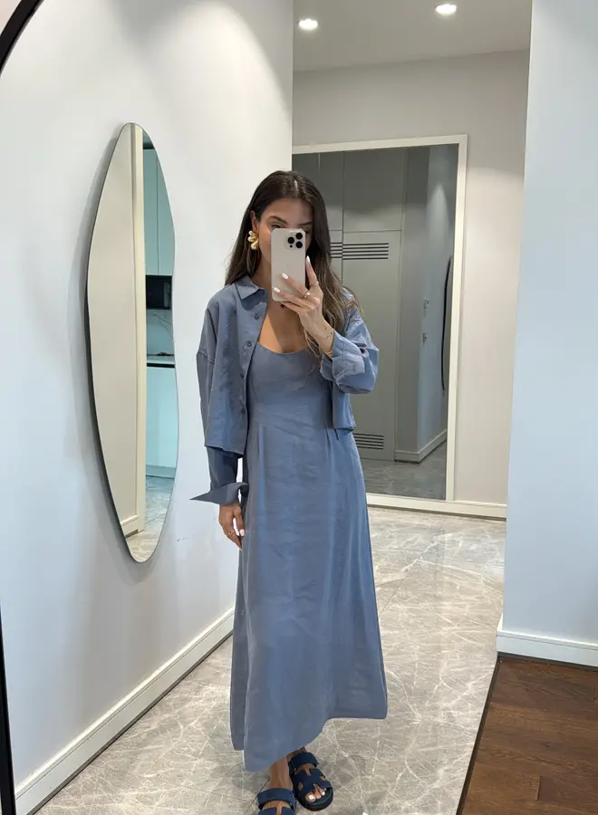2 Delige Set Maxi Jurk Met Blouse Blauw