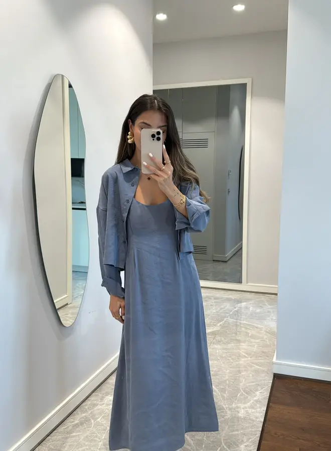 2 Delige Set Maxi Jurk Met Blouse Blauw