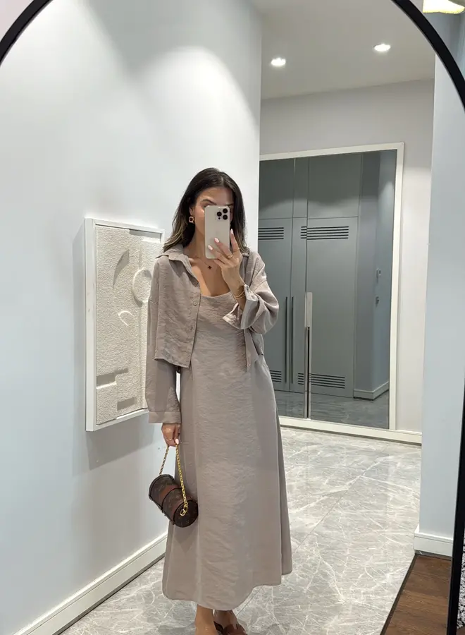 2 Delige Set Maxi Jurk Met Blouse Beige
