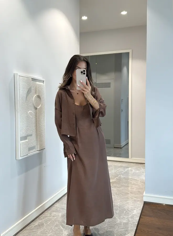2 Delige Set Maxi Jurk Met Blouse Bruin